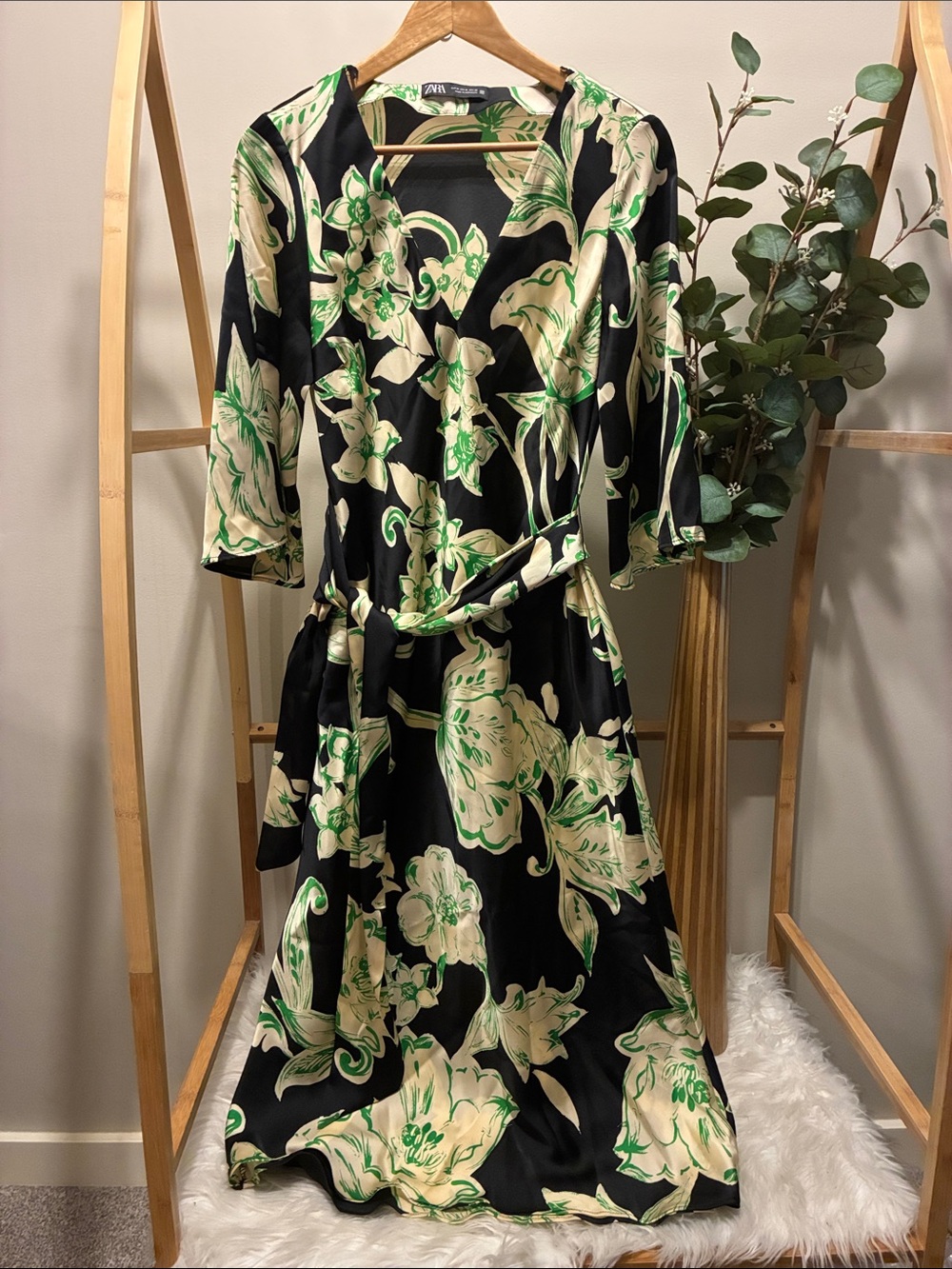 Zara Black Floral Wrap Midi Dress with Green and Cream Accents a198